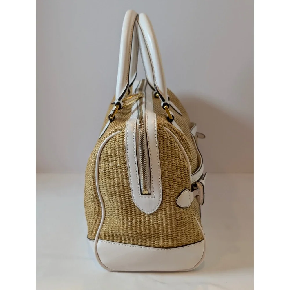 Lauren Ralph Lauren Straw Woven Satchel Bag White Leather Trim Gold Hardware
